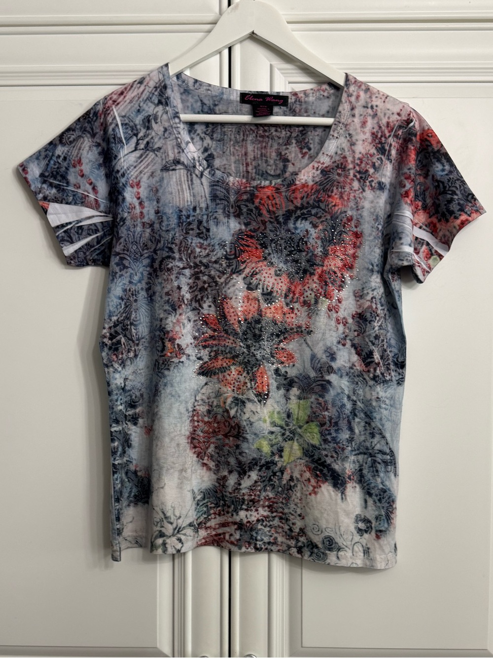 Elena Wang Abstract Floral Print Short Sleeve Tee Grey Red Embellished Size M